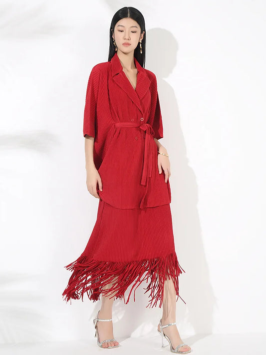 Truly Pleated Couture Long Skirt Suit Set