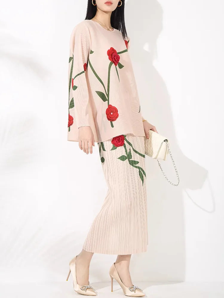 Luxe Feminine Rose Top & Pleated Skirt Set