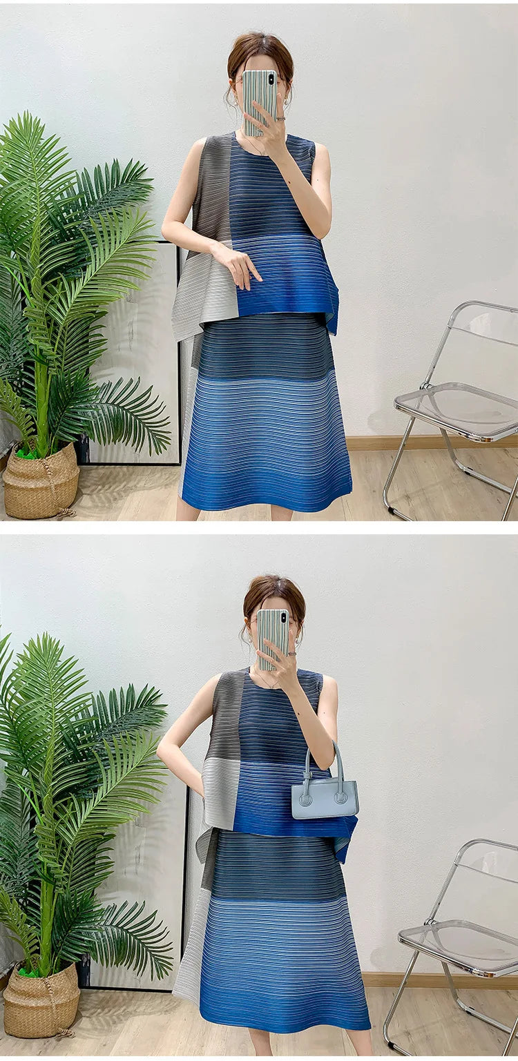 Asymmetric Pleated Sleeveless Top & Skirt