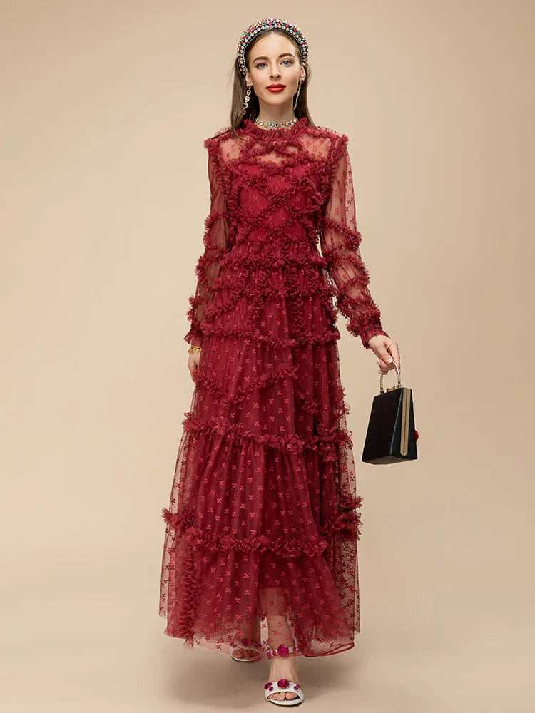 Wine Red Ruffle Mesh Midi Dress