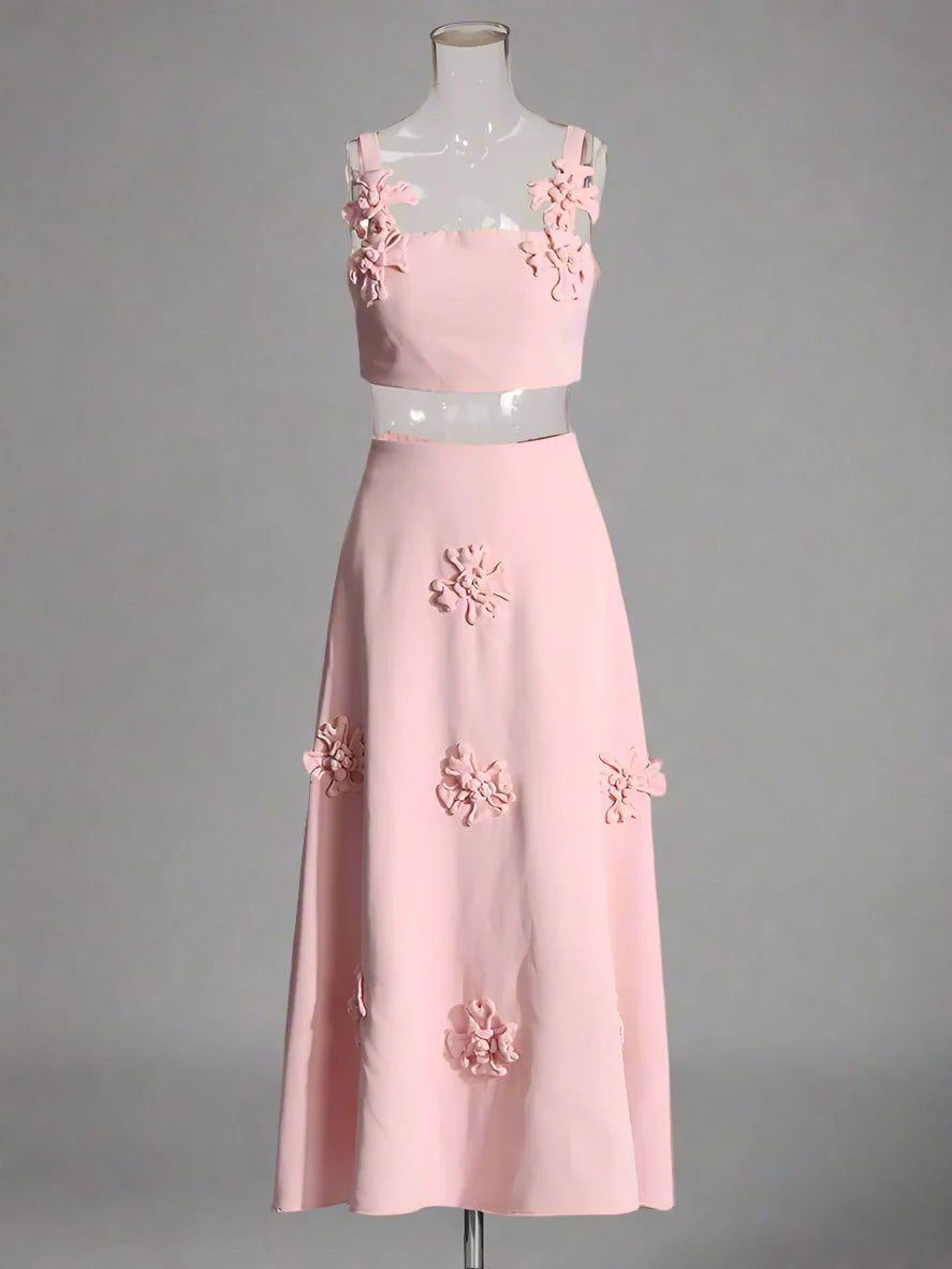 Luxury Pink Floral Crop Top & Skirt Set
