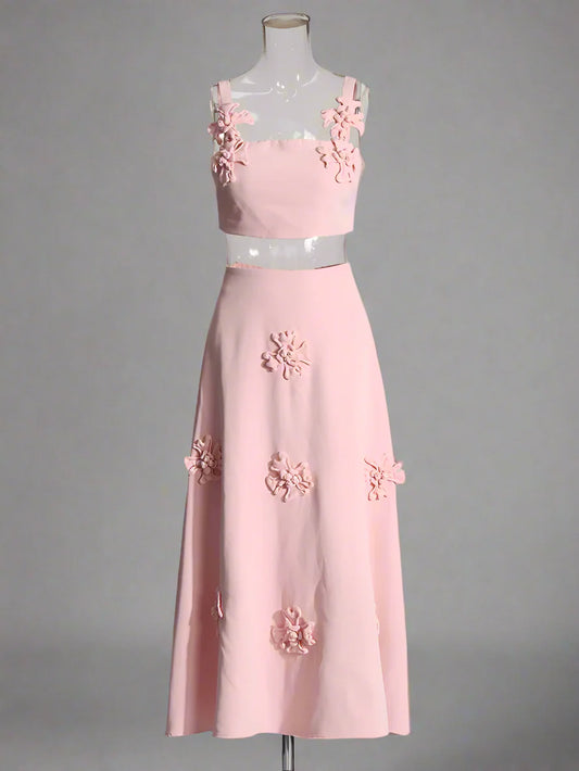Luxury Pink Floral Crop Top & Skirt Set