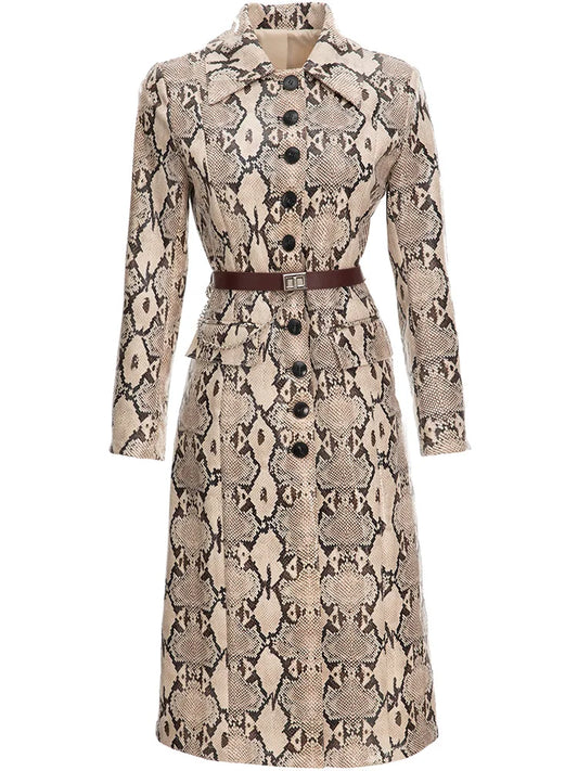 Women's Khaki Vegan Leather Snakeskin Trench Coat