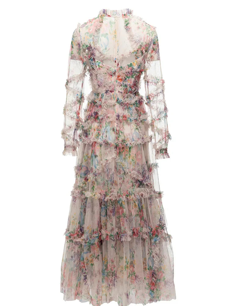 Elegant High Neck Ruffled Floral Midi Dress