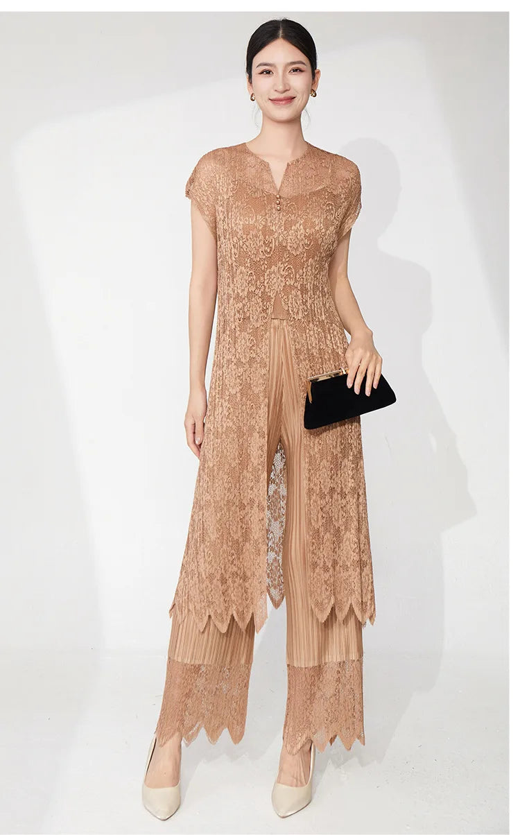 2-Piece Lace Pleated Palazzo Pants Outfit