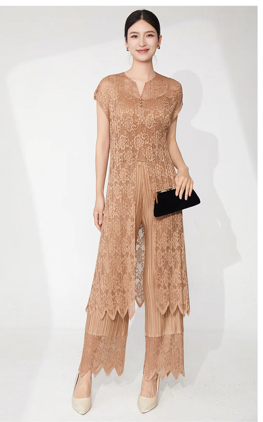2-Piece Lace Pleated Palazzo Pants Outfit