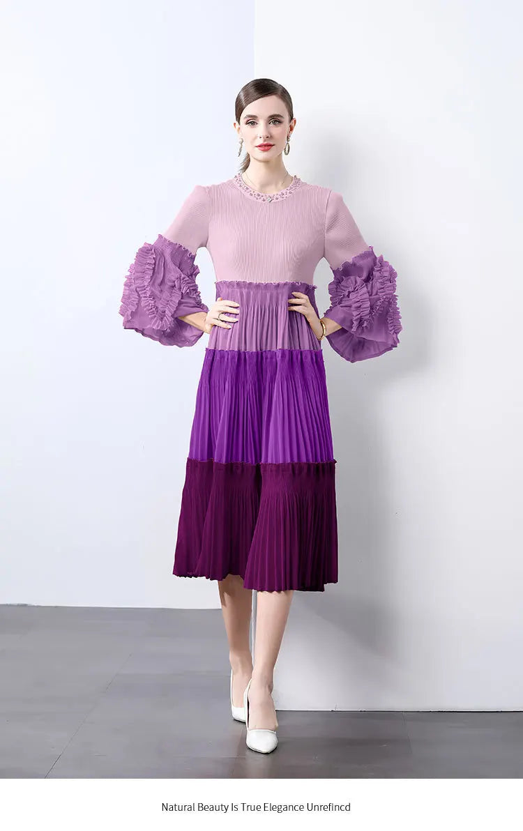 Ombre Pleated Dress - Ruffle Sleeve