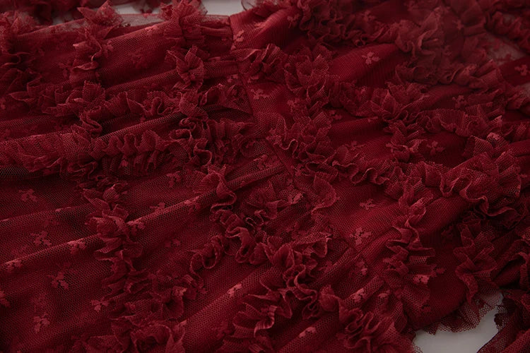 Wine Red Ruffle Mesh Midi Dress