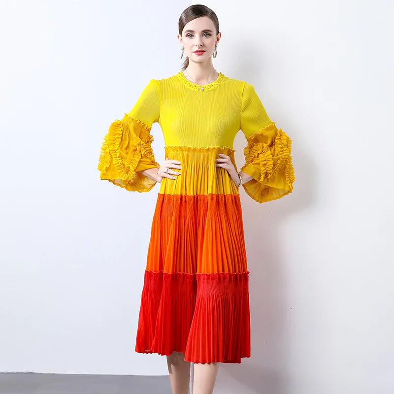 Ombre Pleated Dress - Ruffle Sleeve