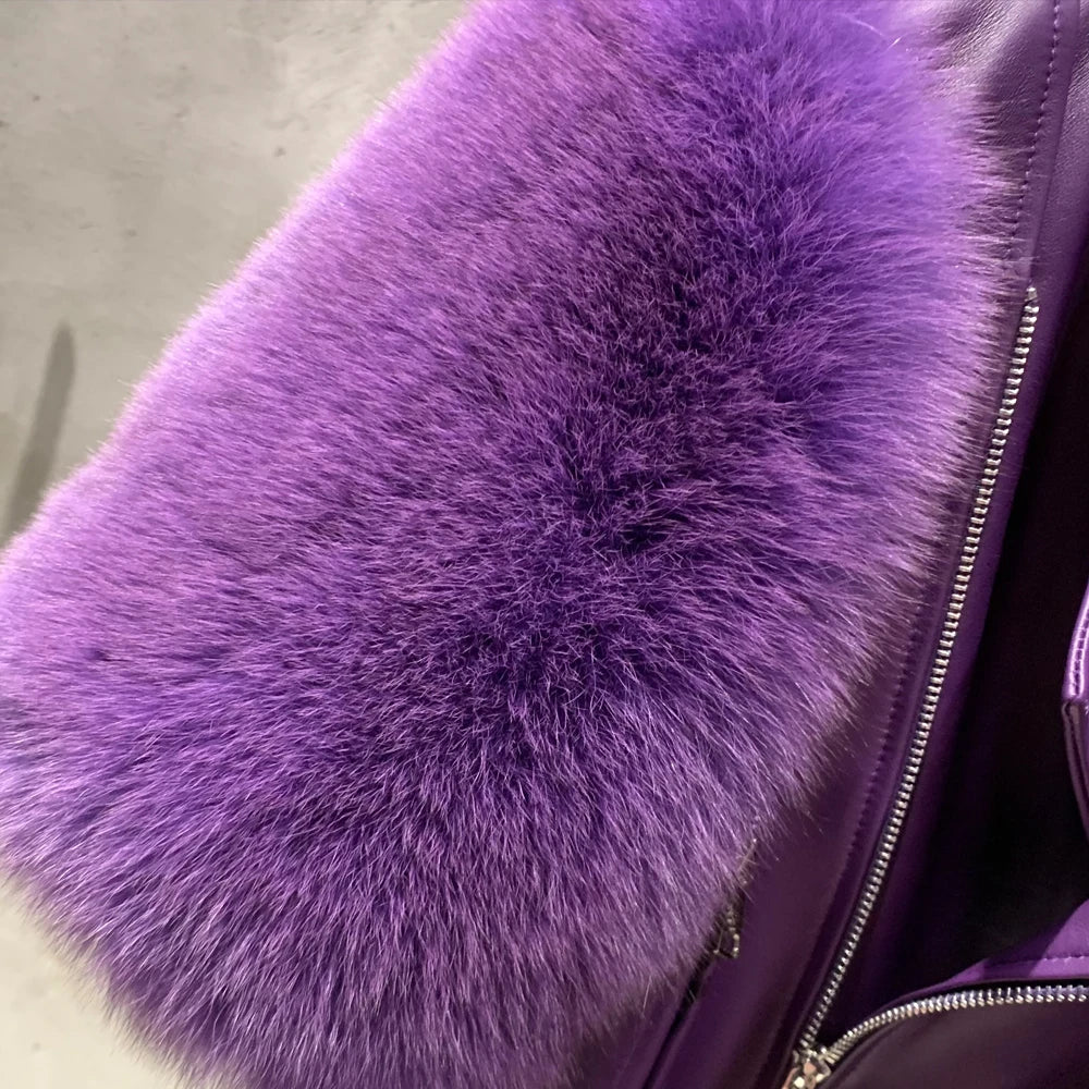 Women's Cropped Leather Jacket with Fox Fur