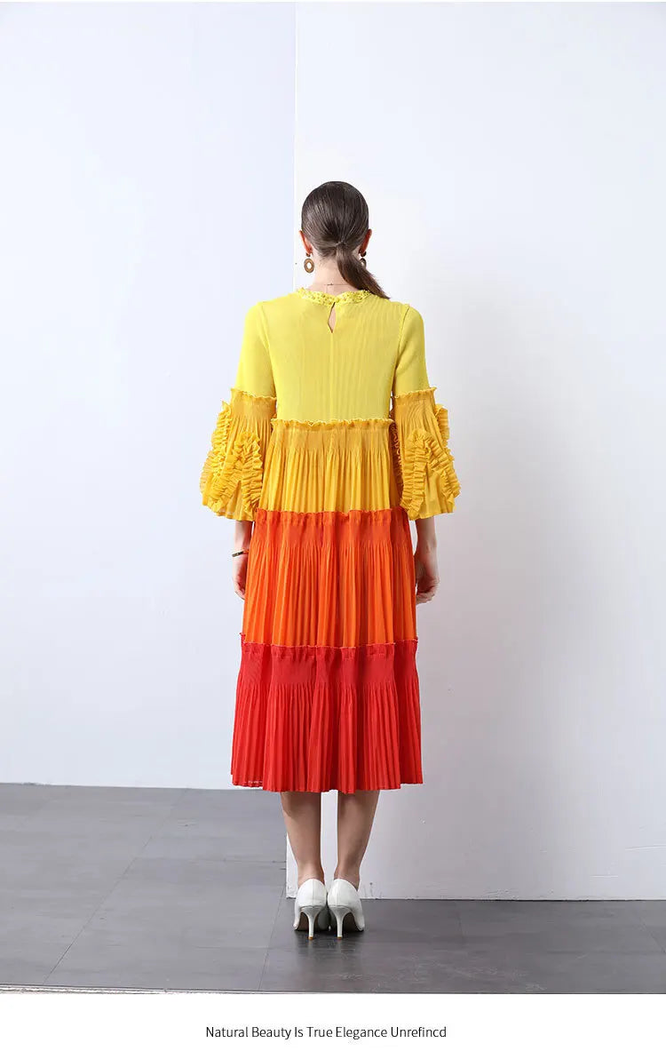 Ombre Pleated Dress - Ruffle Sleeve