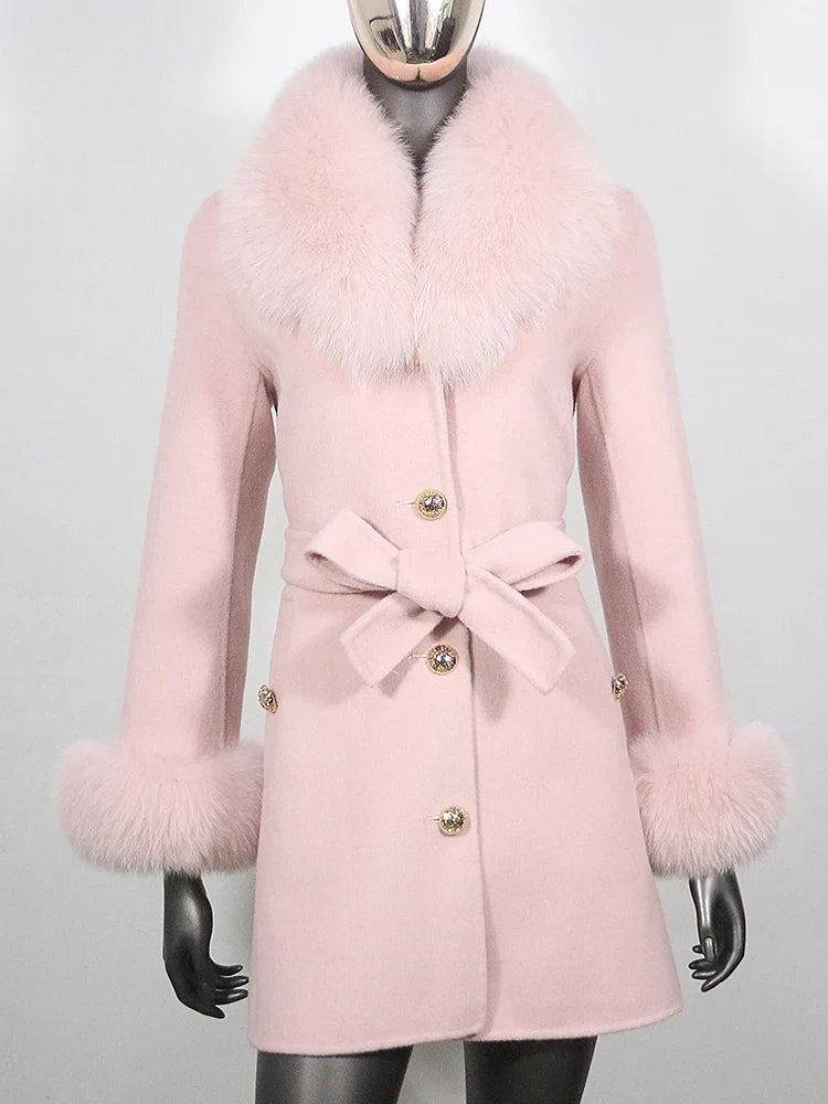 Women's Shawl Collar Fox Fur Wool & Cashmere Coat