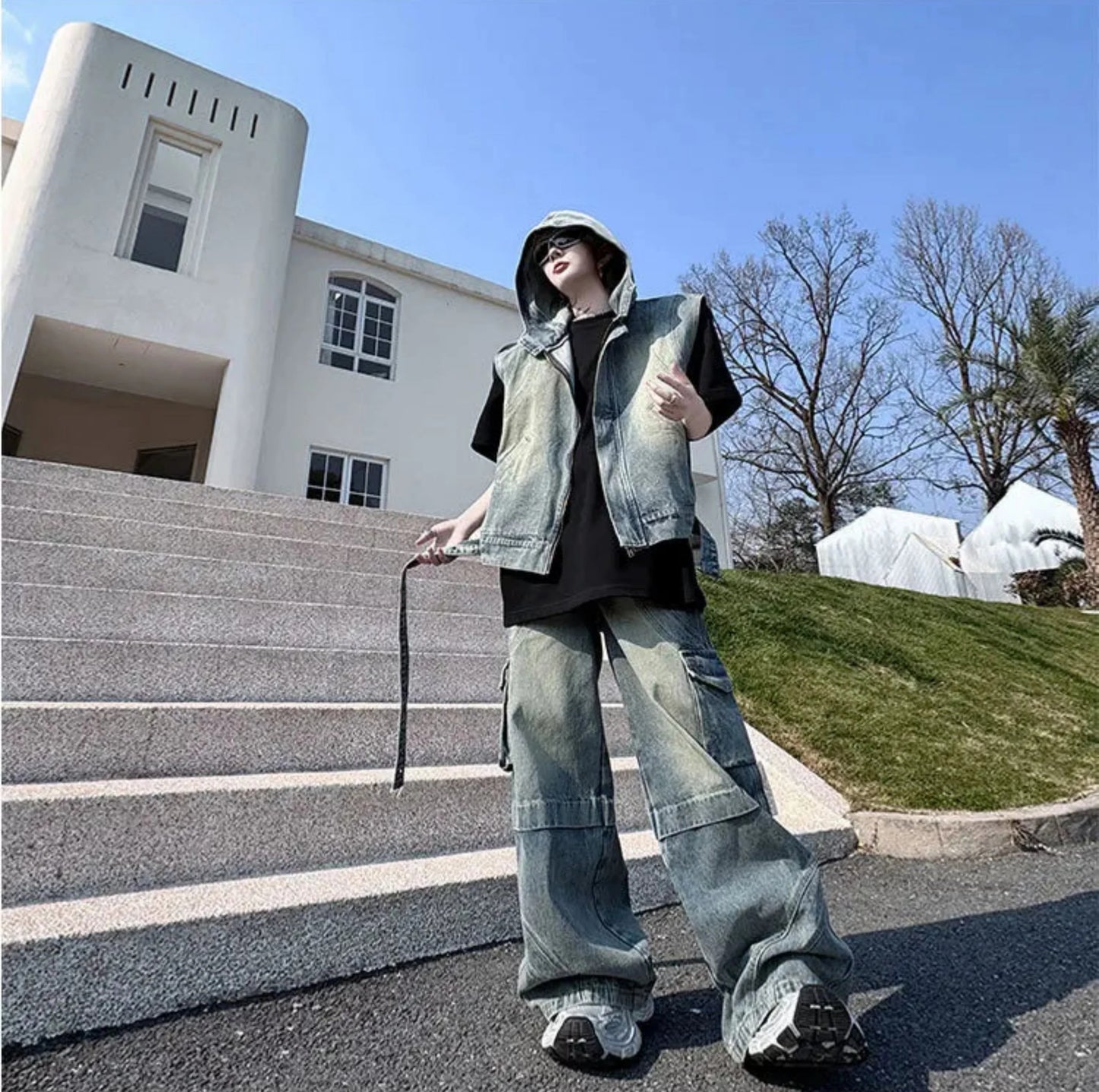 Men's Denim Hooded Vest & Wide-Leg Cargo Pants