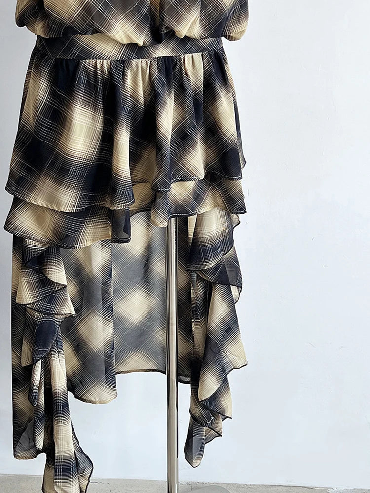 Plaid Asymmetric Halter High-Low Top