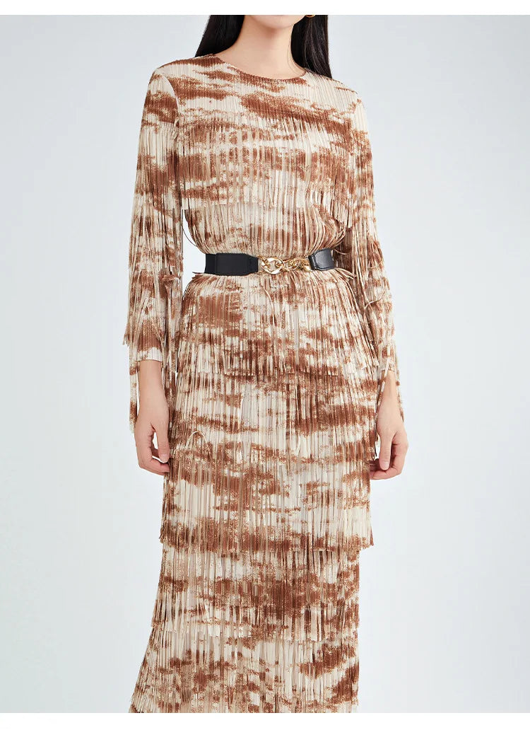Truly Pleated Tasseled Sleeve Midi Dress