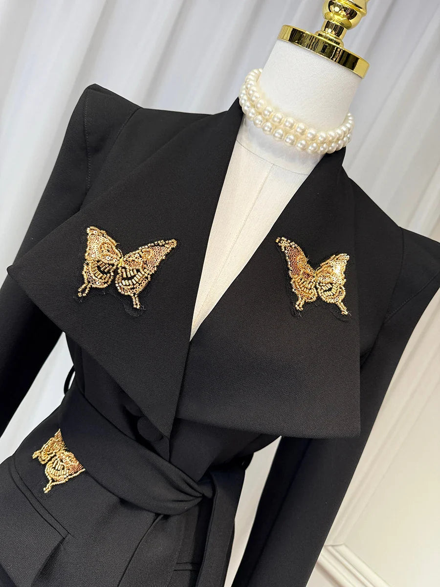 Luxury Black Belted Long Coat with Butterfly Details