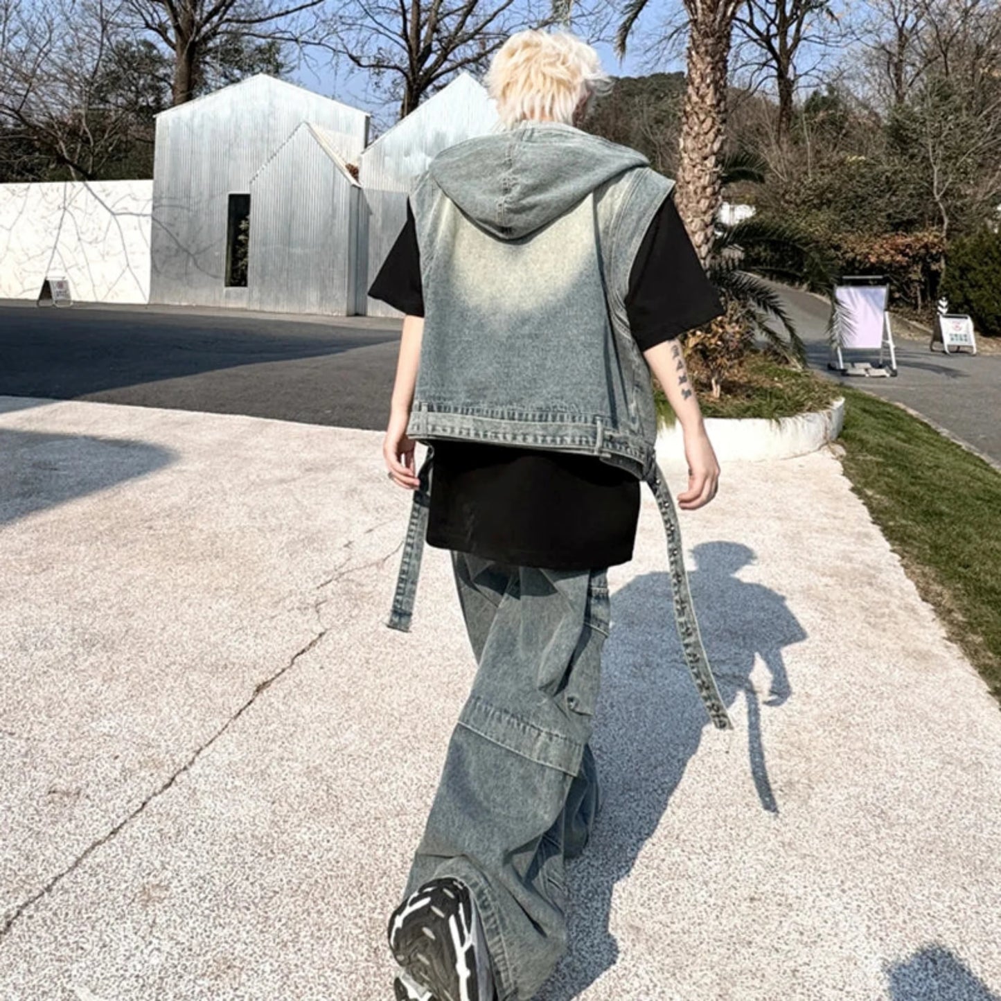 Men's Denim Hooded Vest & Wide-Leg Cargo Pants