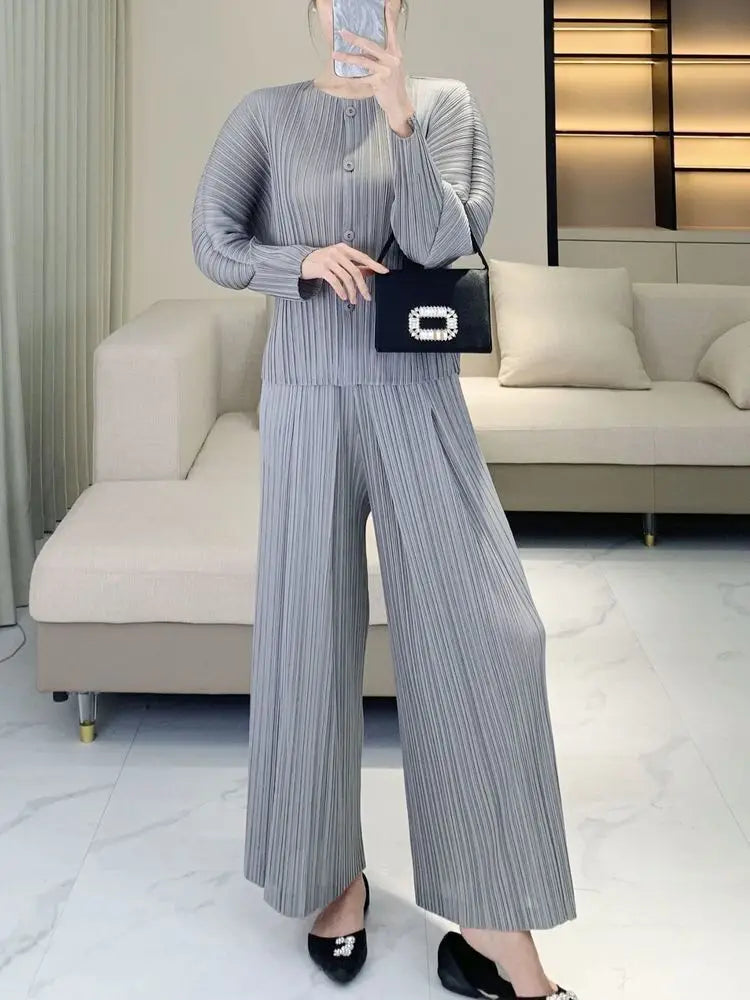 Luxury Pleated Pants & Button-Down Top Set