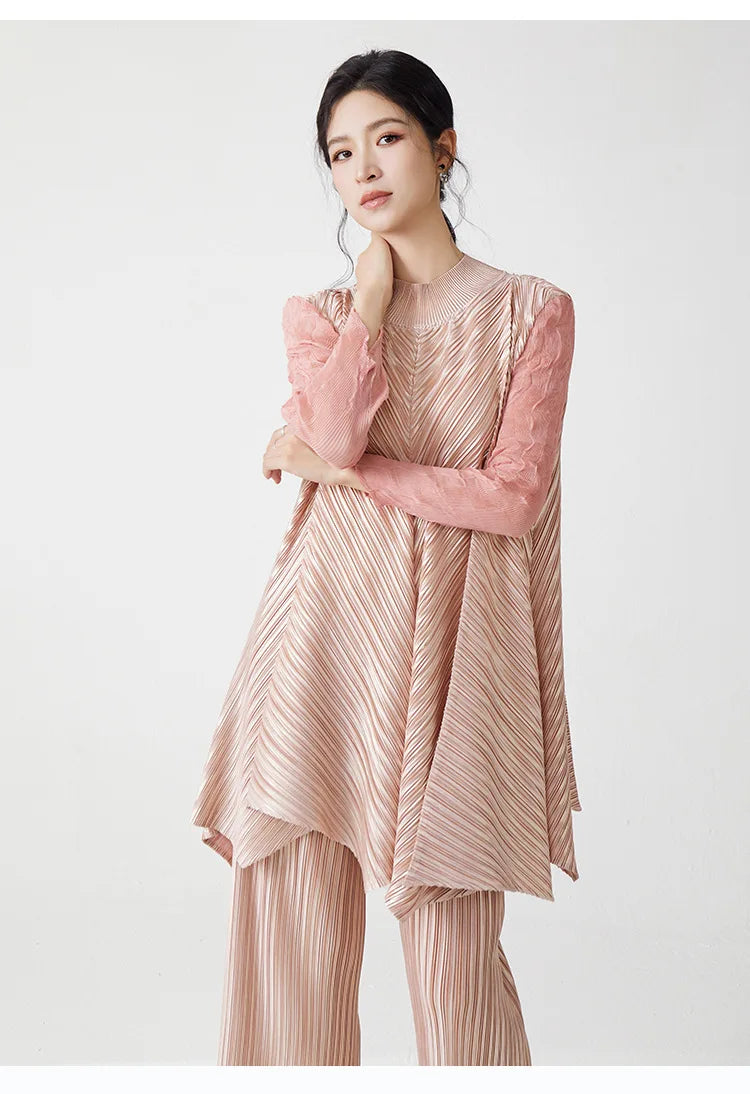 Metallic Pleated Tunic Top & Wide Leg Pants Set