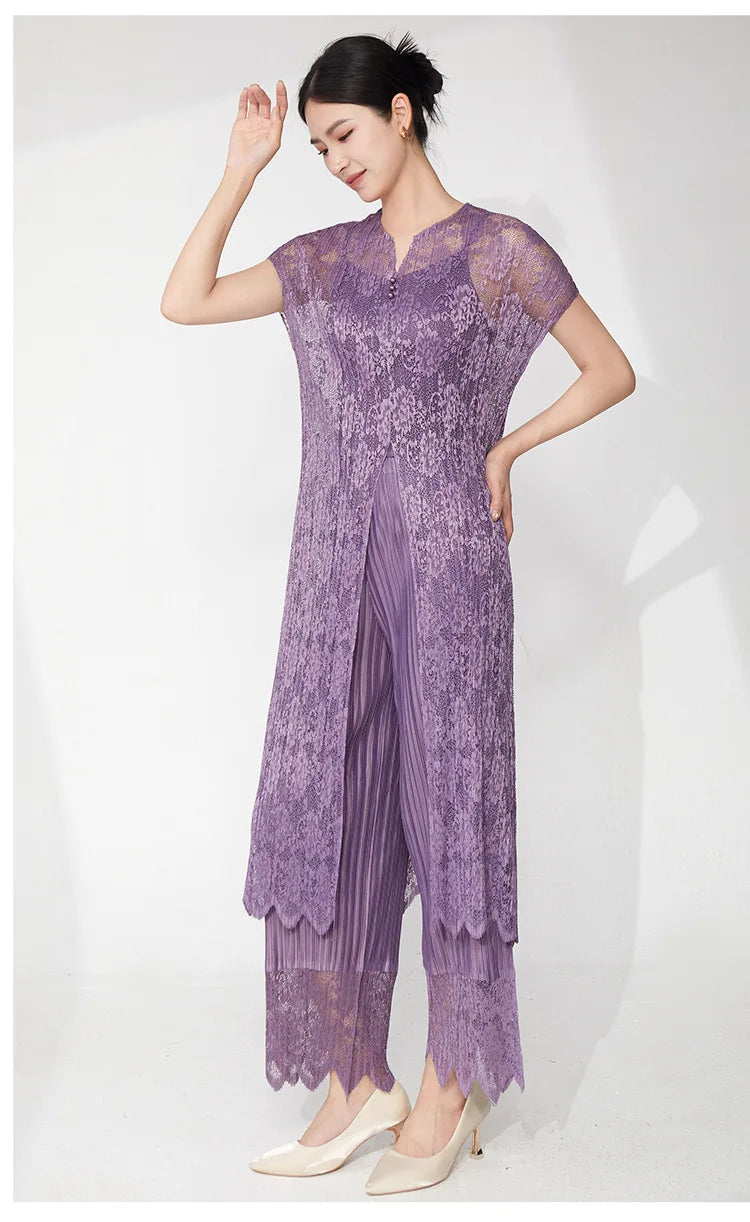 2-Piece Lace Pleated Palazzo Pants Outfit