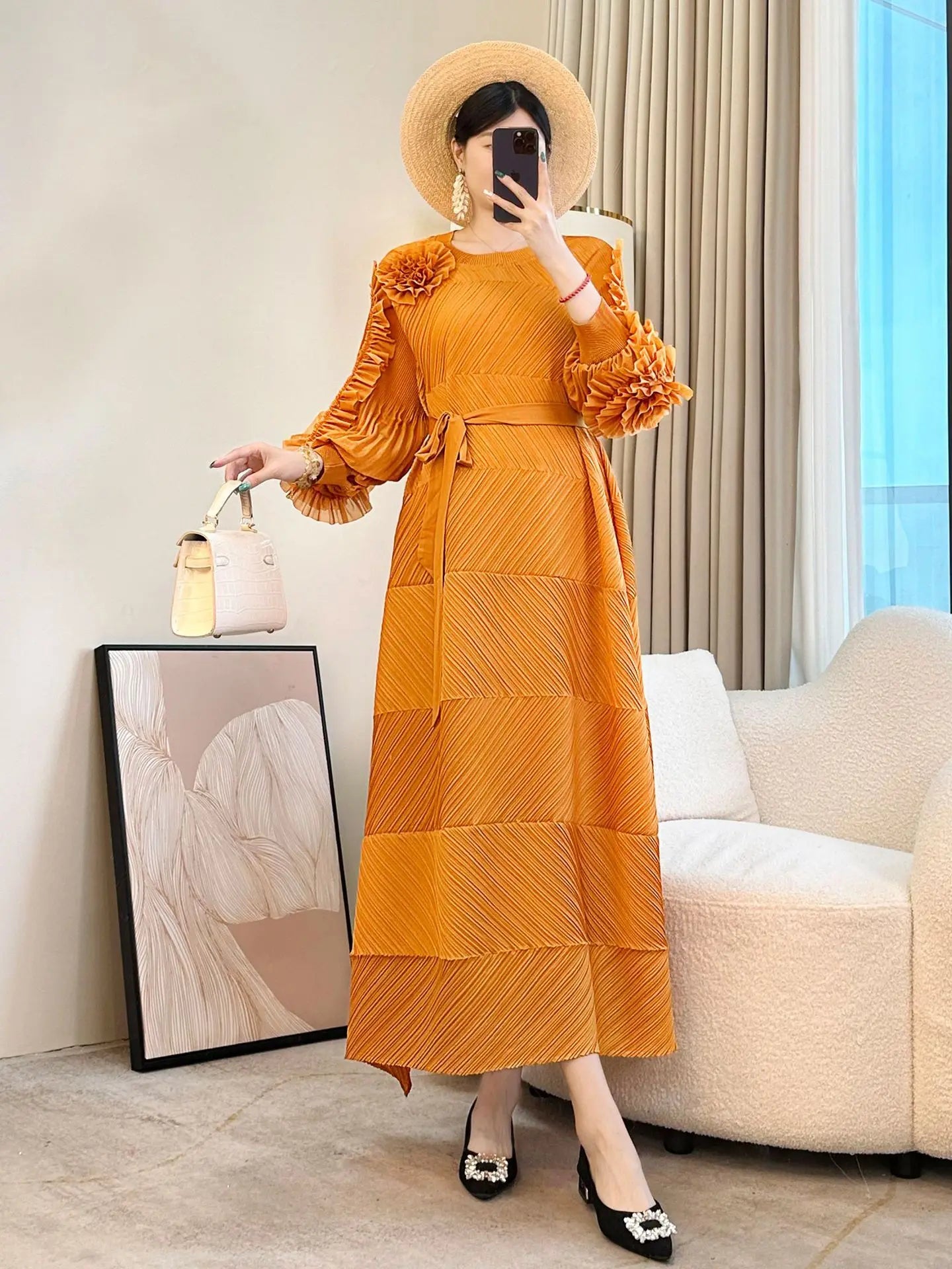 Elegant Pleated Floral Midi Dress