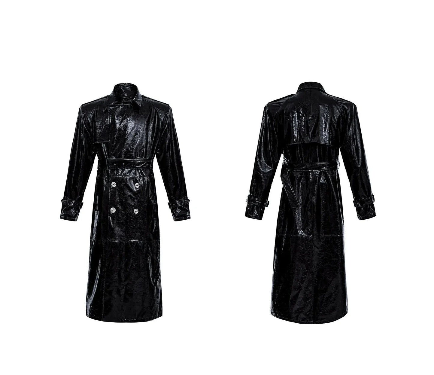 Men's Extra Long Patent Faux Leather Trench Coat