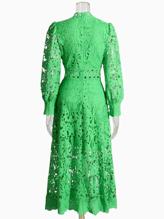 Luxury Cutout High Neck Lace Midi Dress