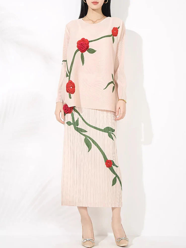 Luxe Feminine Rose Top & Pleated Skirt Set