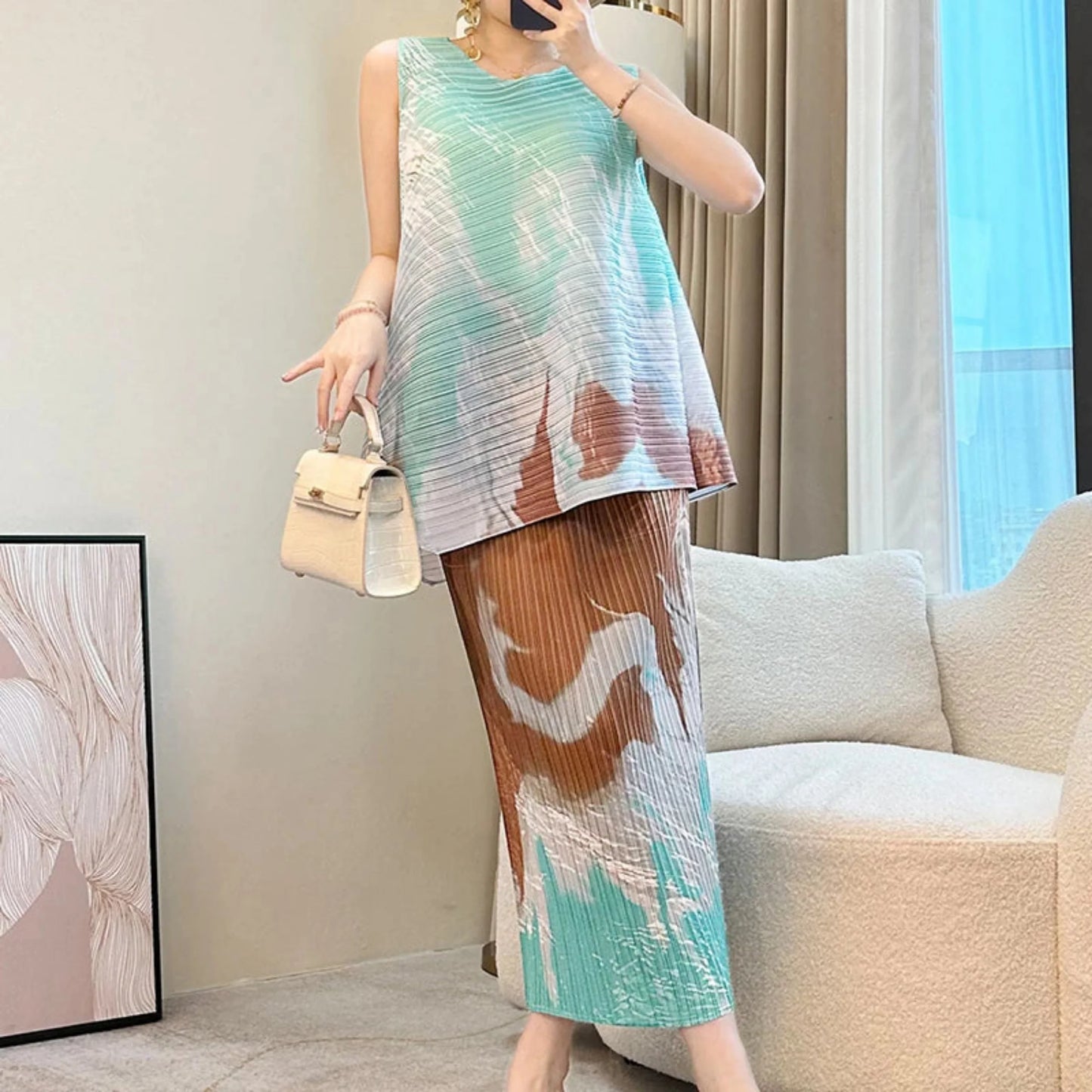 Exclusive Plissé Pleated Skirt & Sleeveless Top Set