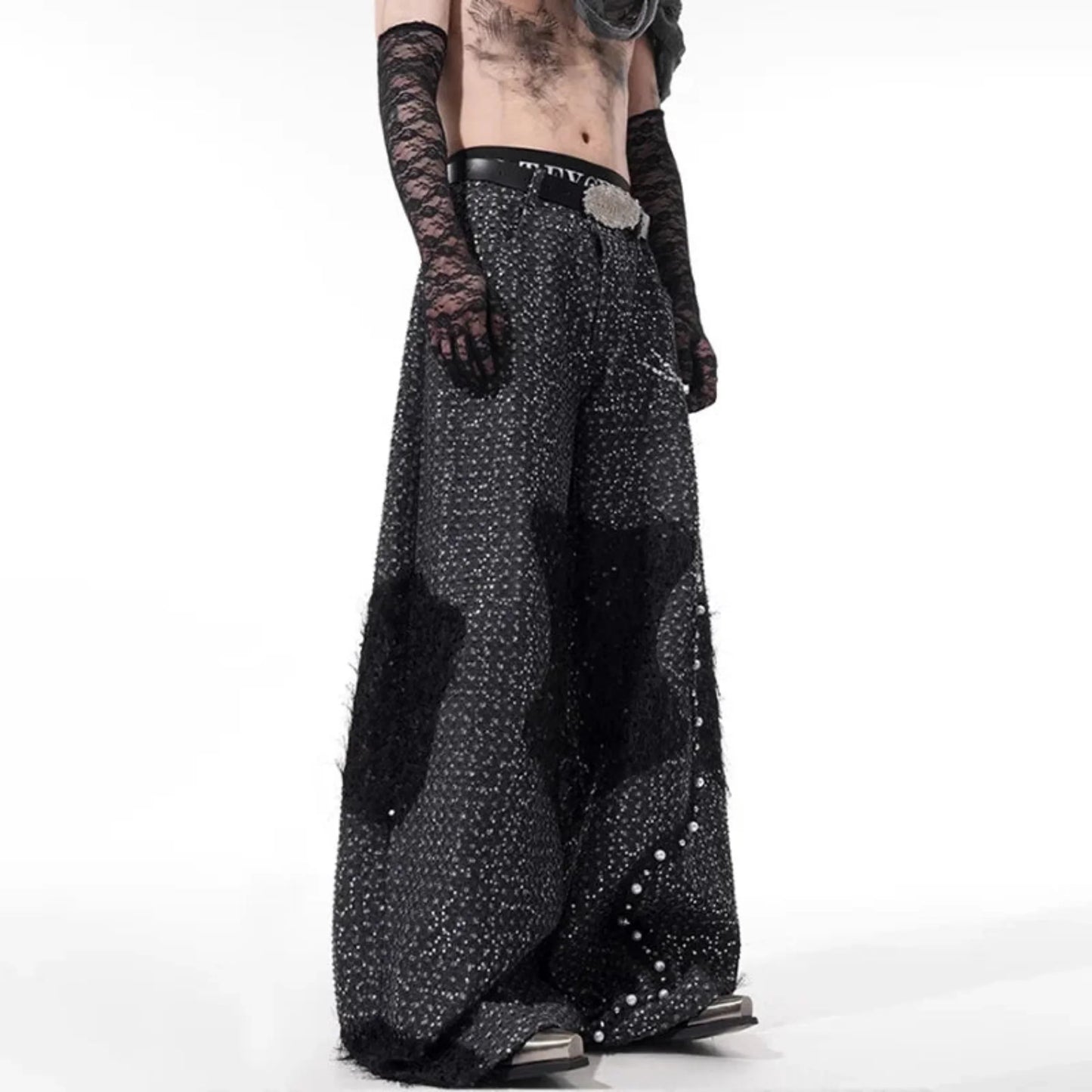 Men's Wool Blend Wide-Leg Beaded Trousers