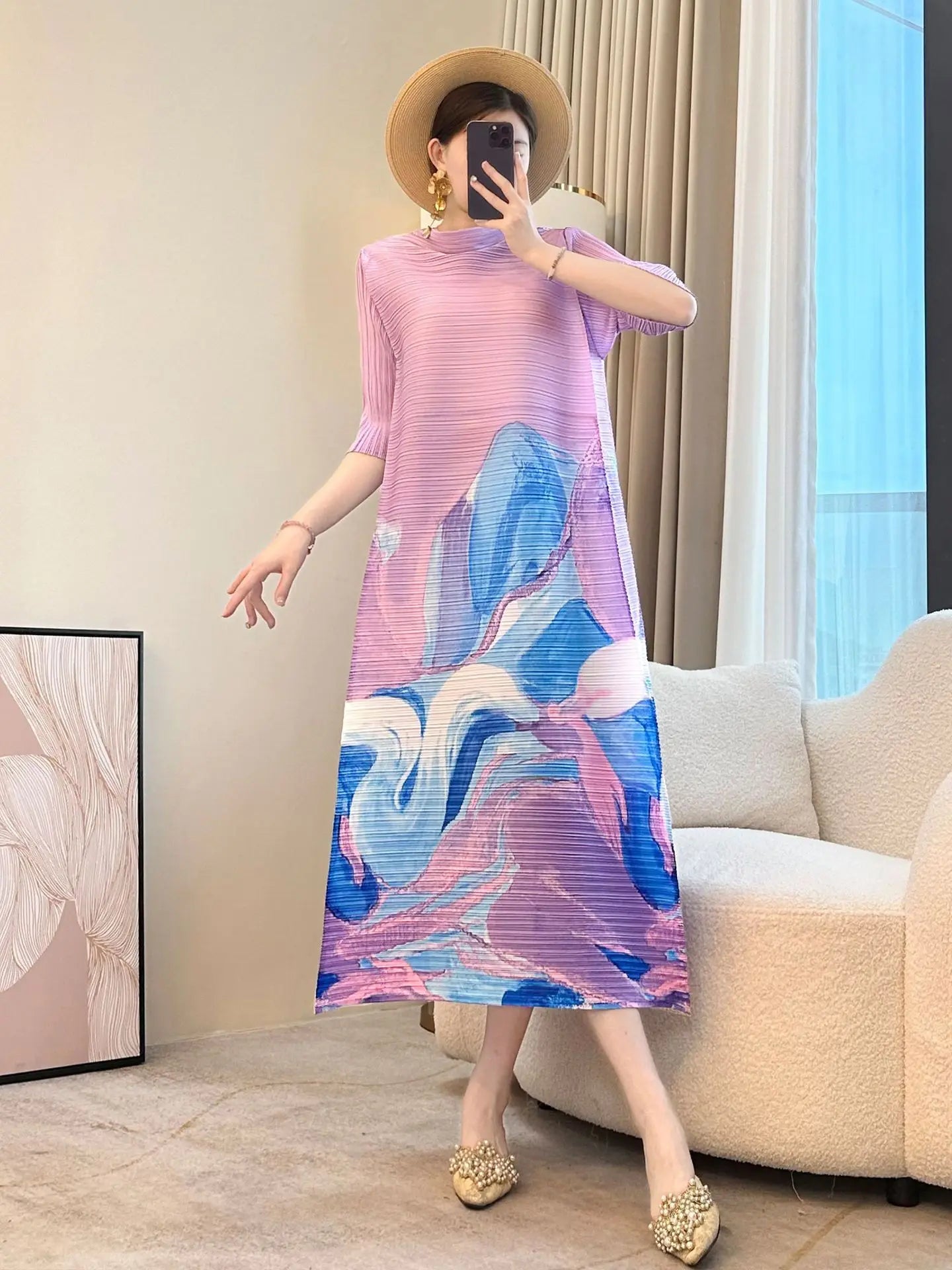 Japanese Floral Pleated Midi Dress
