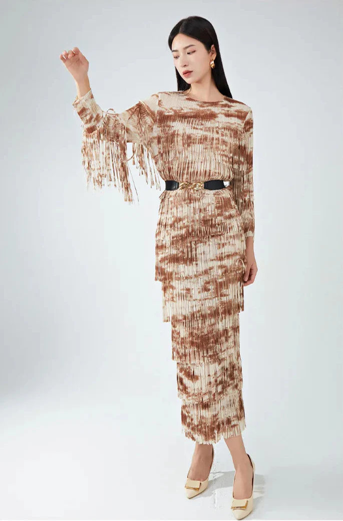Truly Pleated Tasseled Sleeve Midi Dress