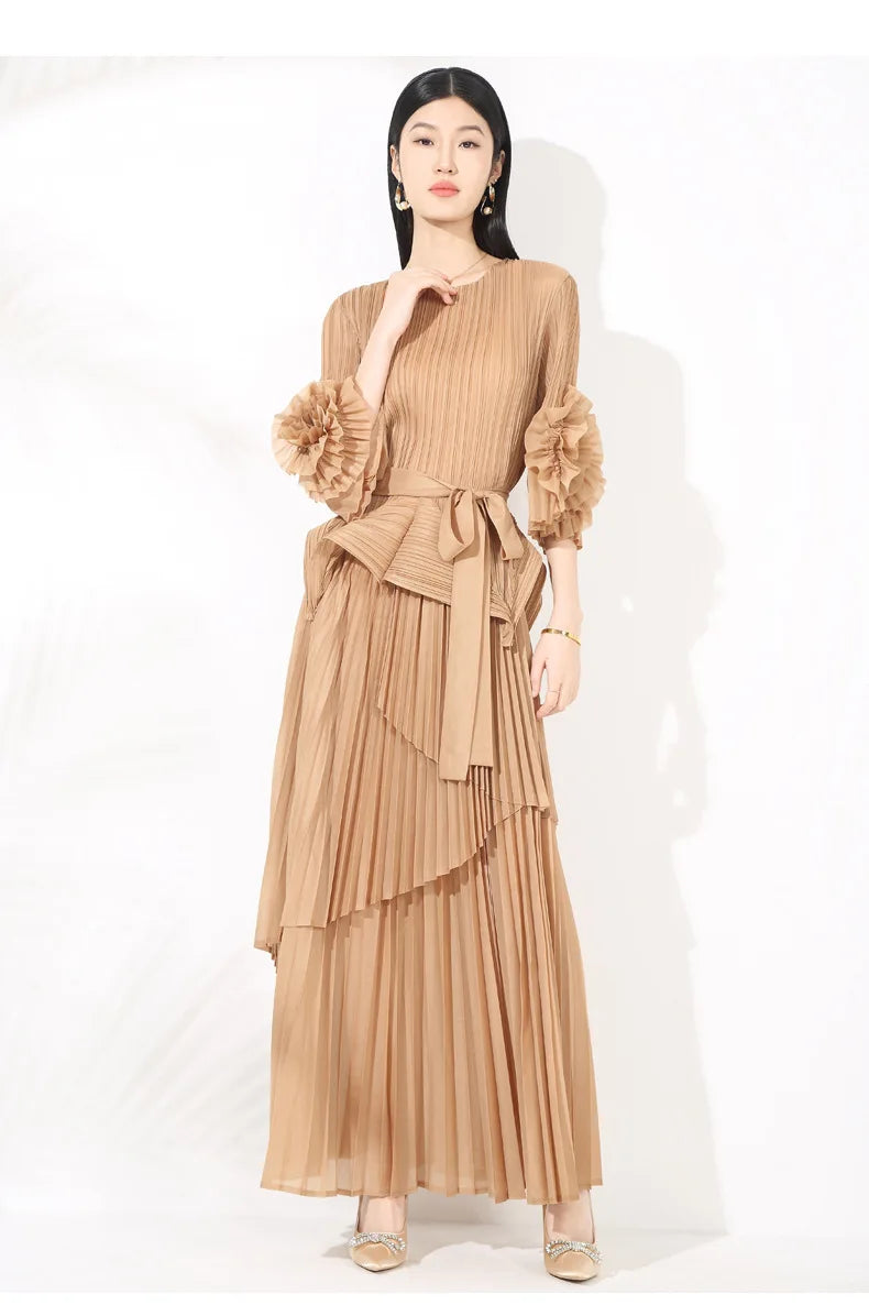 High-End Pleated Midi Skirt Set - Statement Sleeves