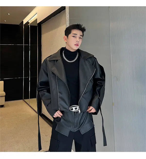 Men's 2 Piece Faux Leather Moto Jacket & Cargo Pants