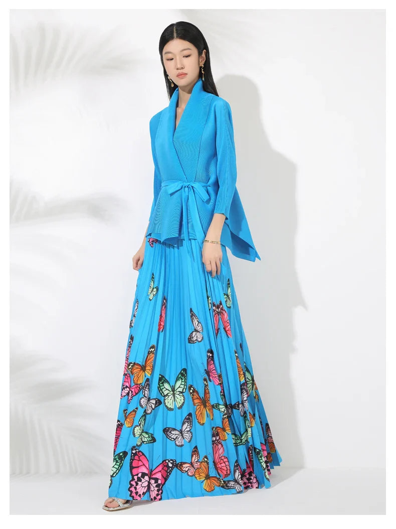Women's Butterfly Pleated Modest Top & Flowy Skirt
