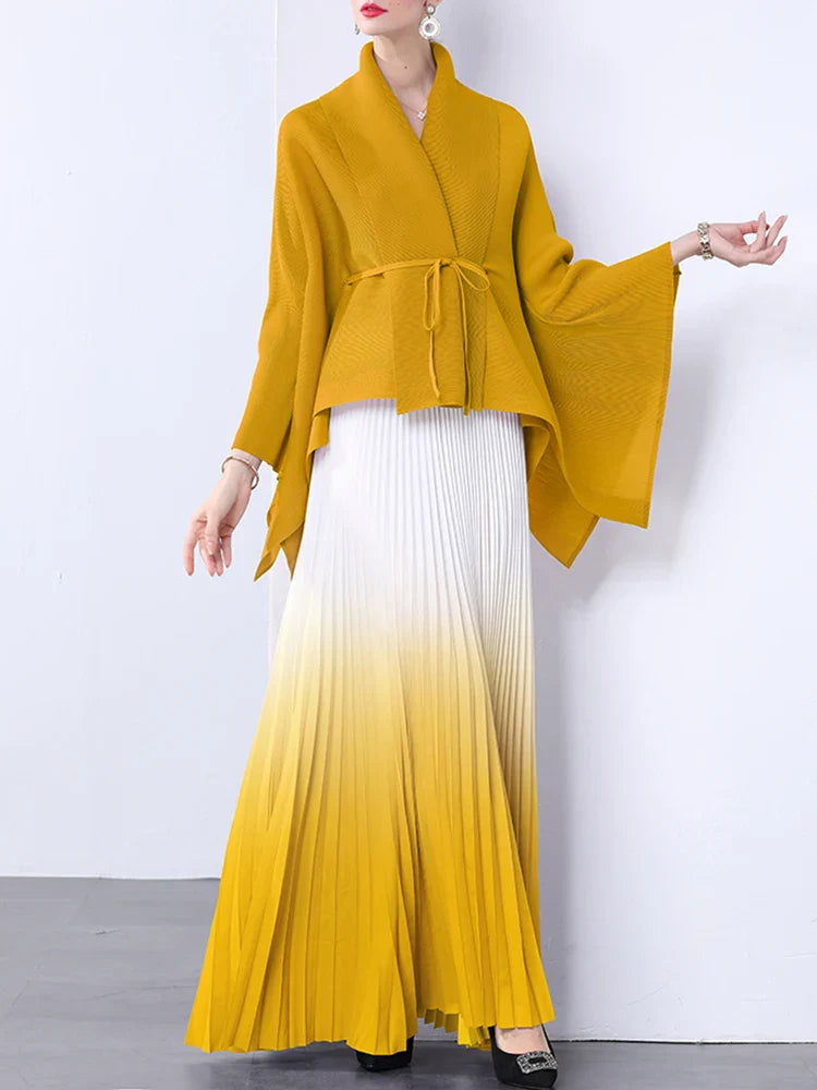 100% Real Pleated 2-Piece Long Skirt Set