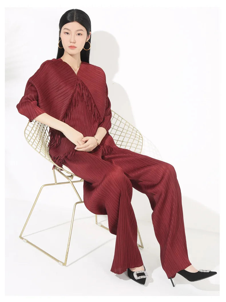 Fringed Pleated Wide-Leg Pant Set