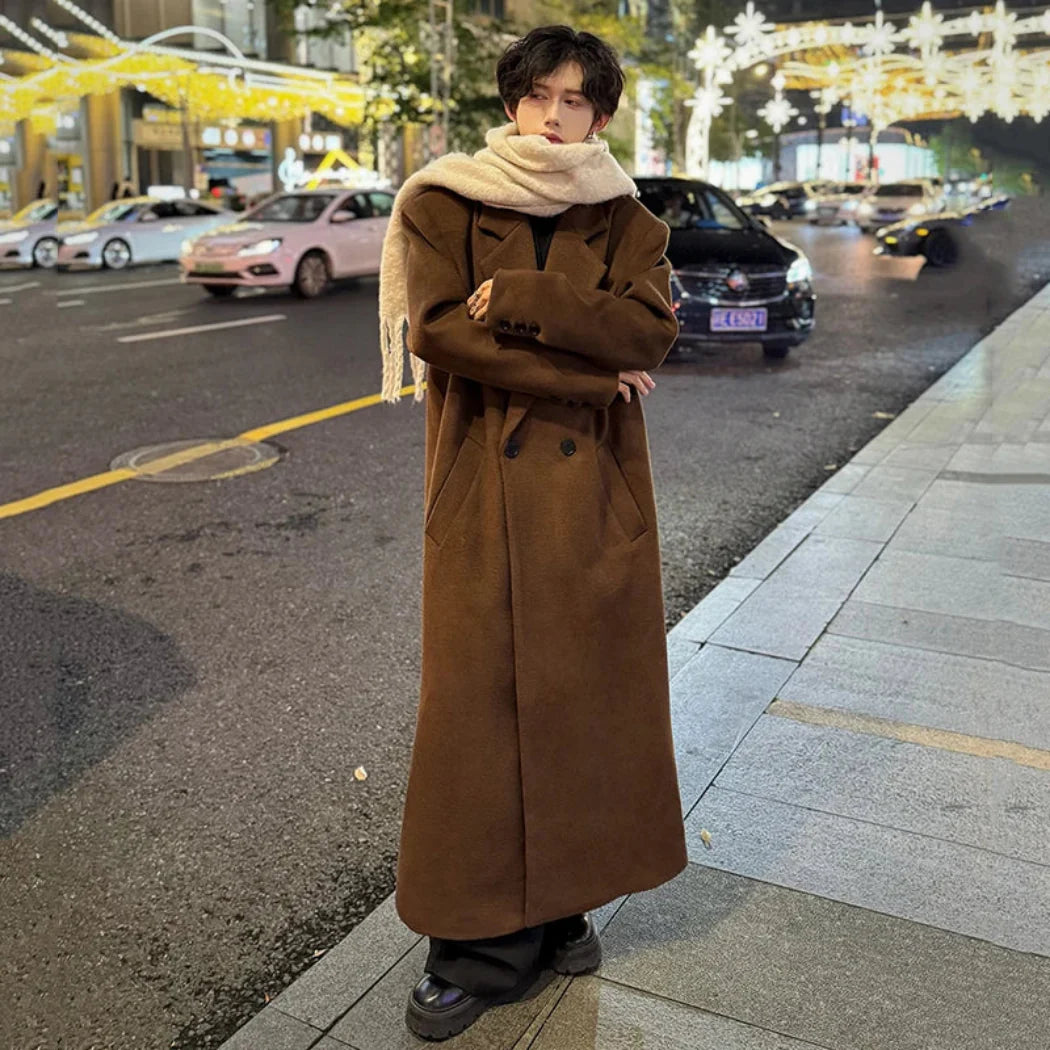 Men's Brown Extra Long Wool Blend Coat