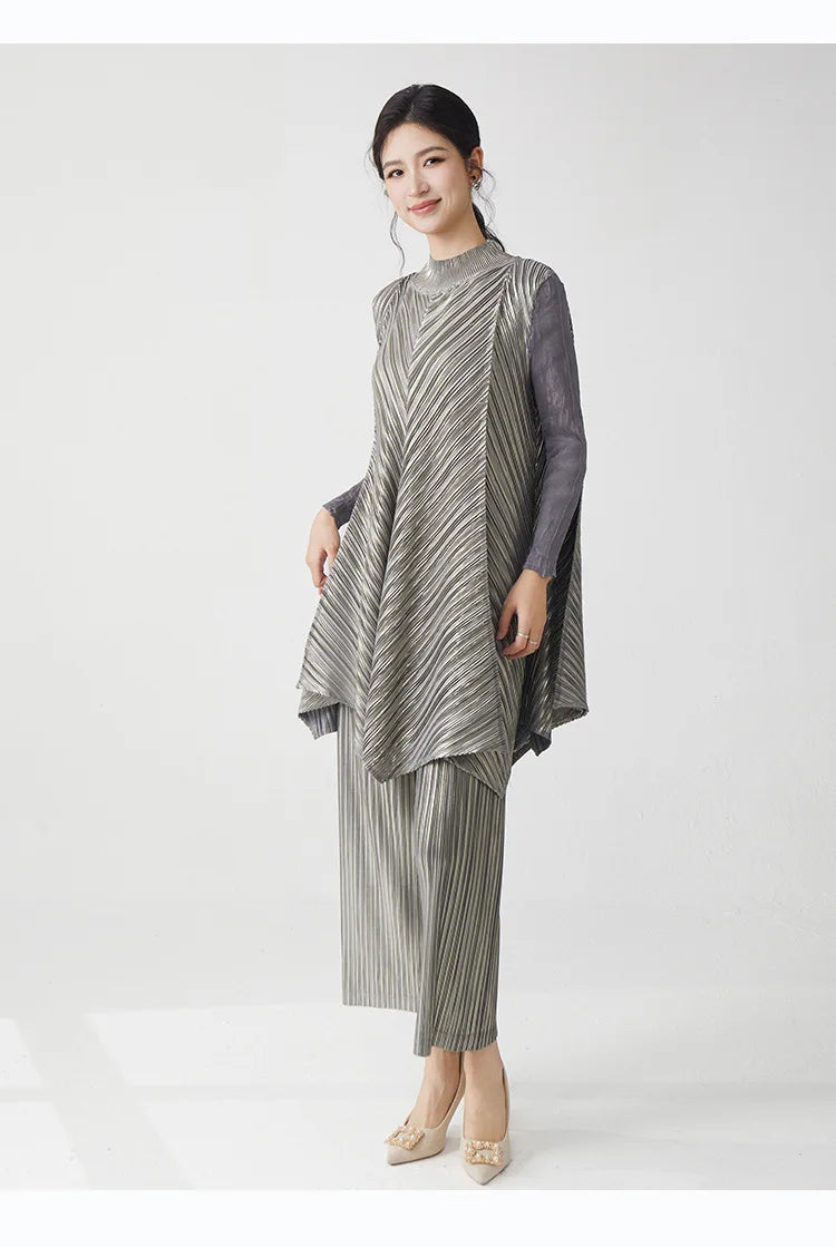 Metallic Pleated Tunic Top & Wide Leg Pants Set