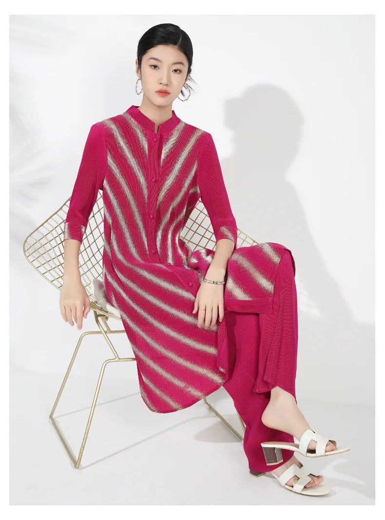 Petite Plissé Pleated 3/4 Sleeve 2-Piece Pant Set