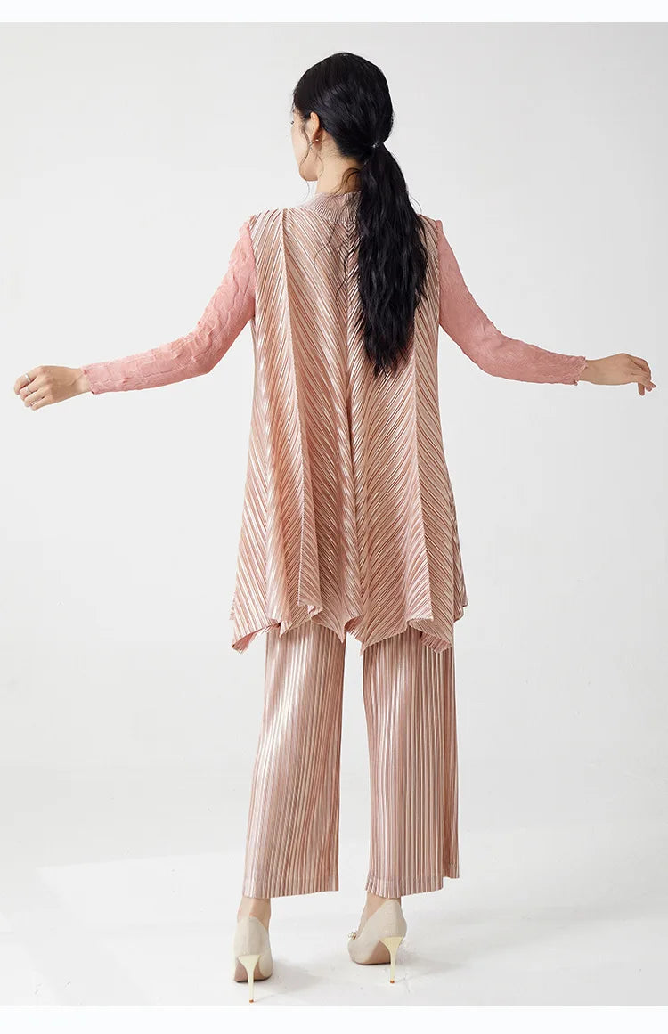 Metallic Pleated Tunic Top & Wide Leg Pants Set