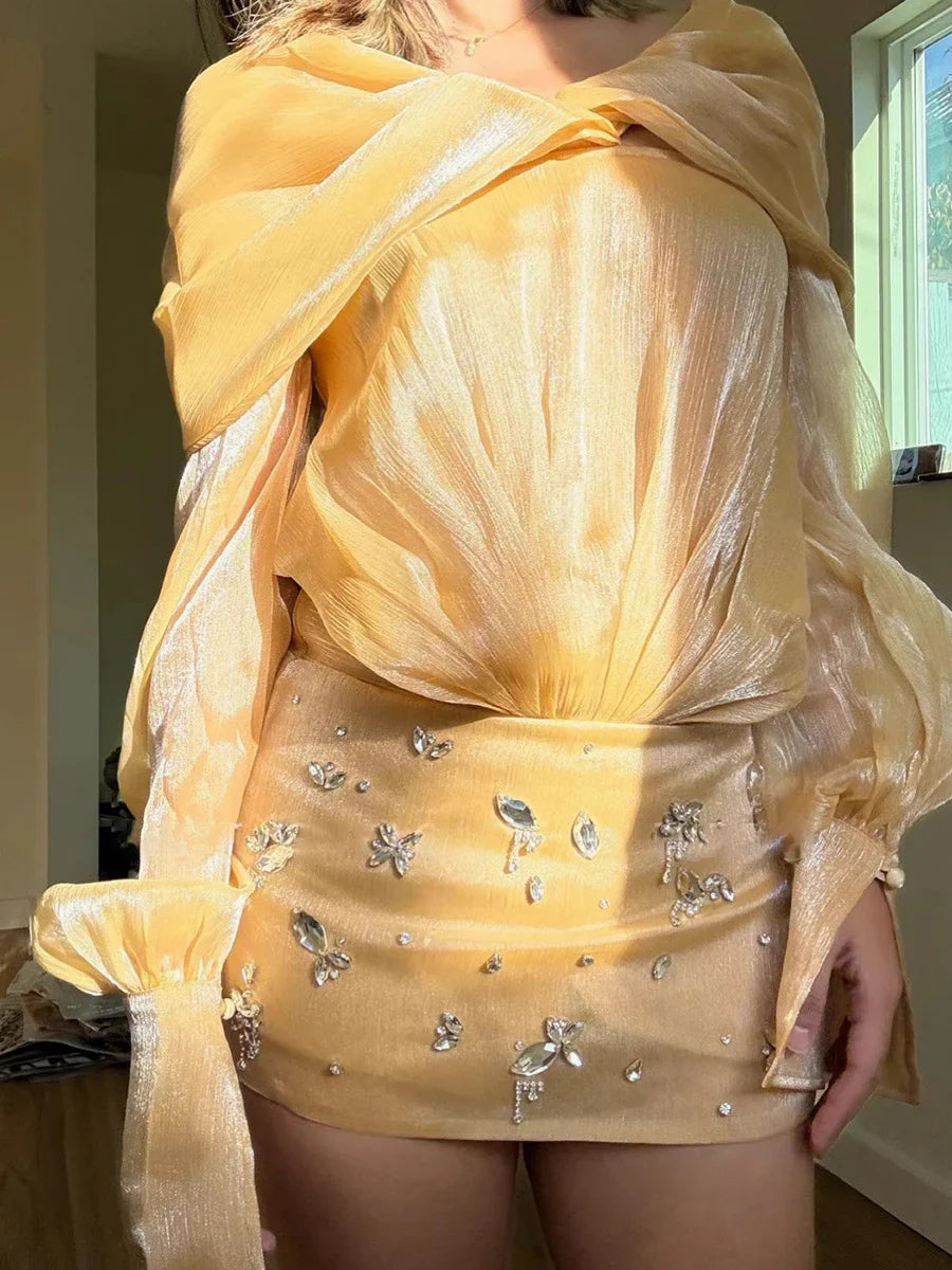 Sheer Mini Dress - Crystals & Off Shoulder