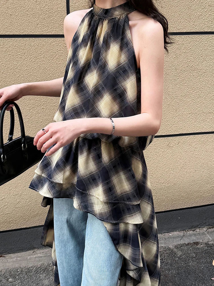 Plaid Asymmetric Halter High-Low Top