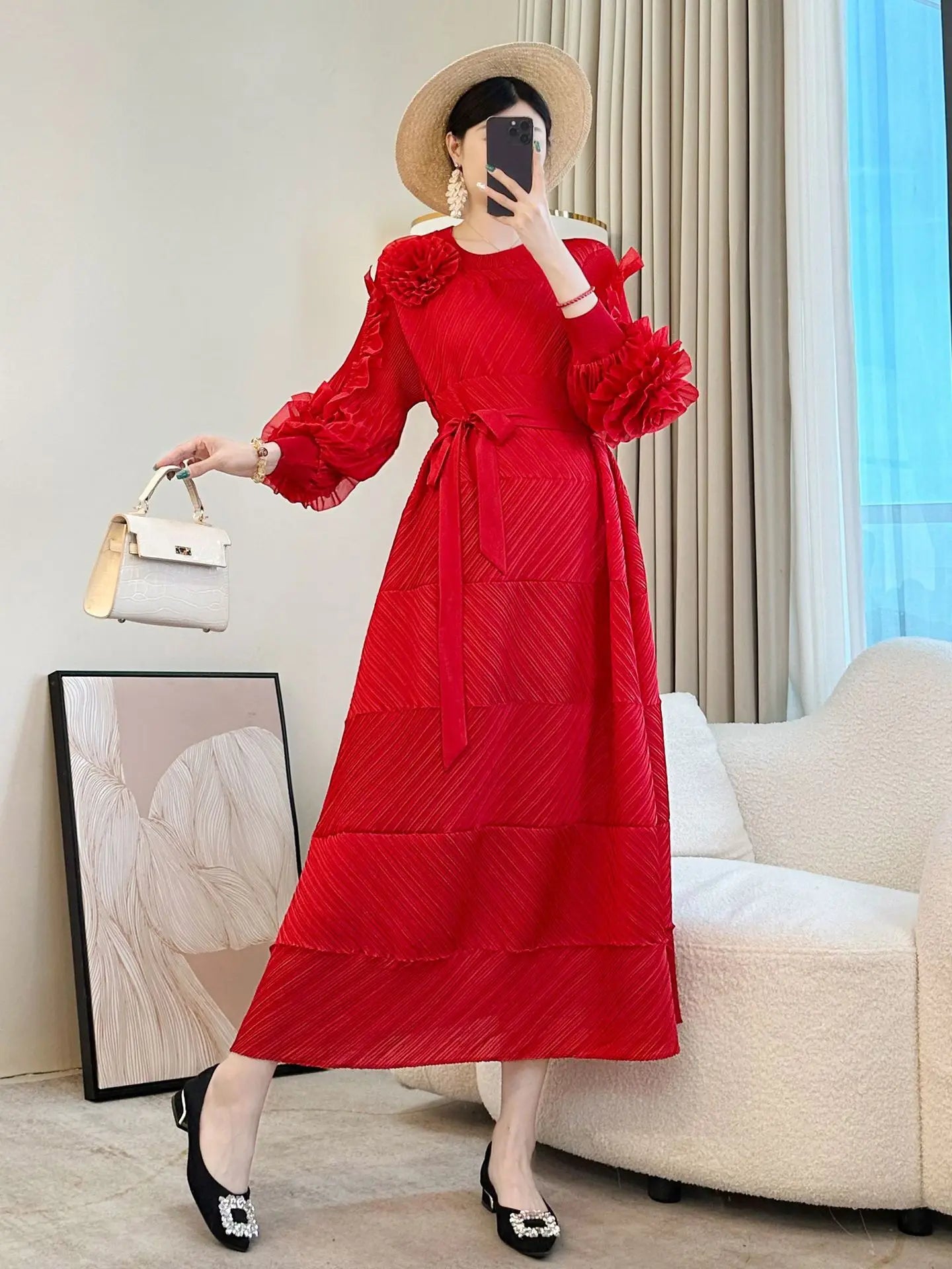 Elegant Pleated Floral Midi Dress