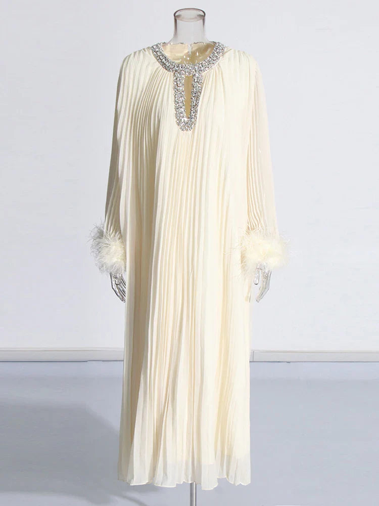 Women's Pleated Rhinestone Feather Midi Dress