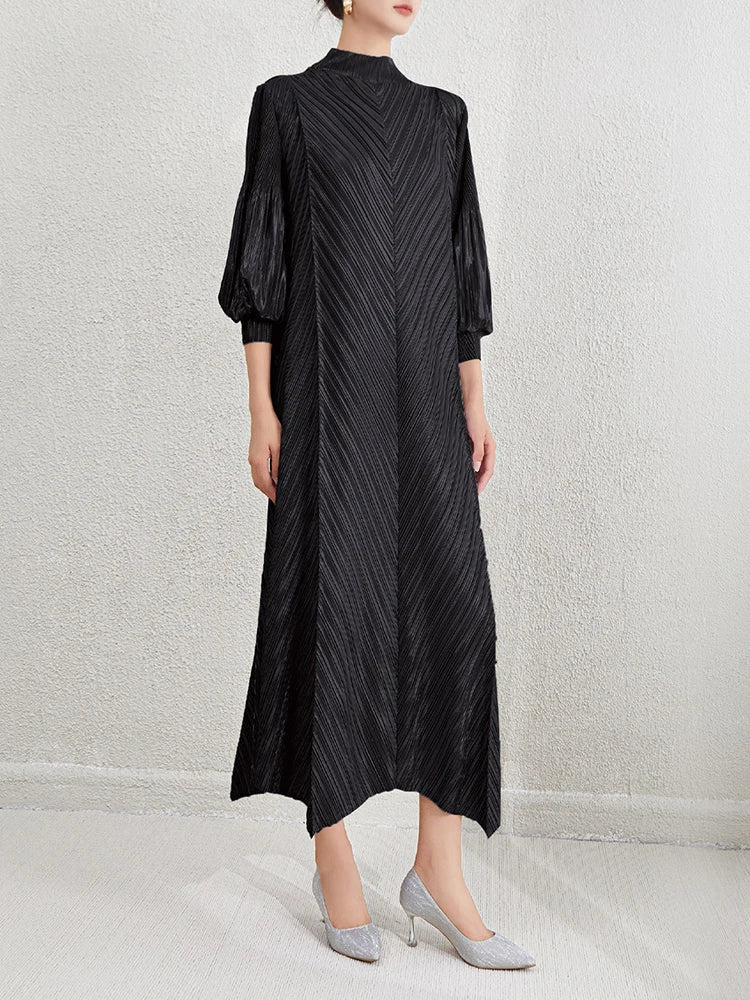 Metallic Pleated Midi Dress with Mock Neck & Bishop Sleeves