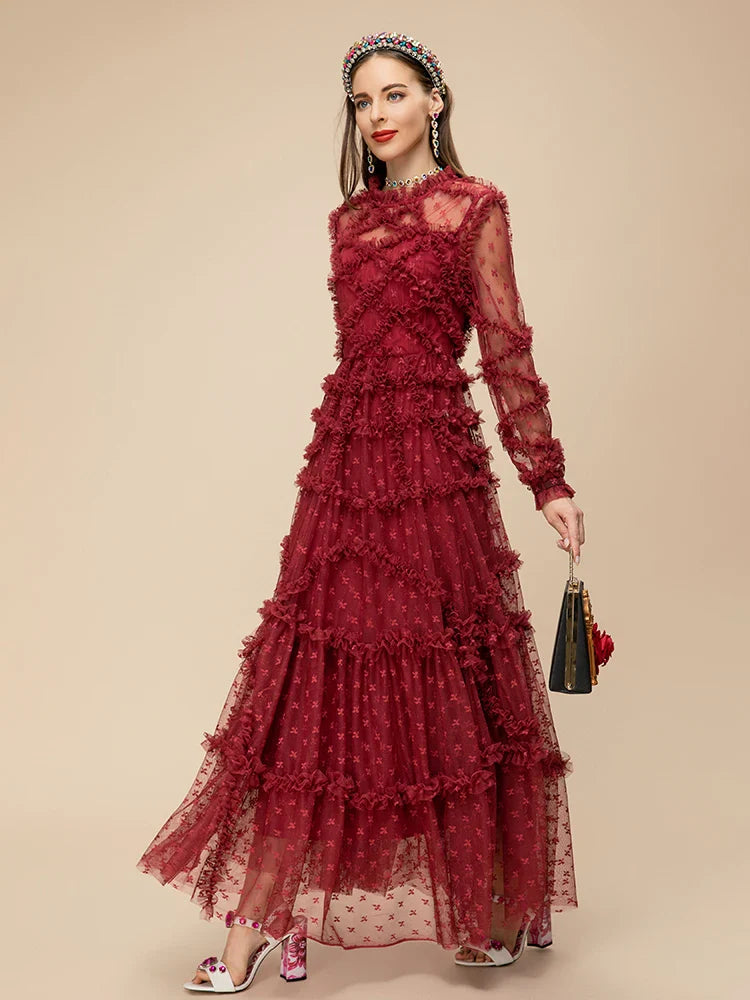 Wine Red Ruffle Mesh Midi Dress