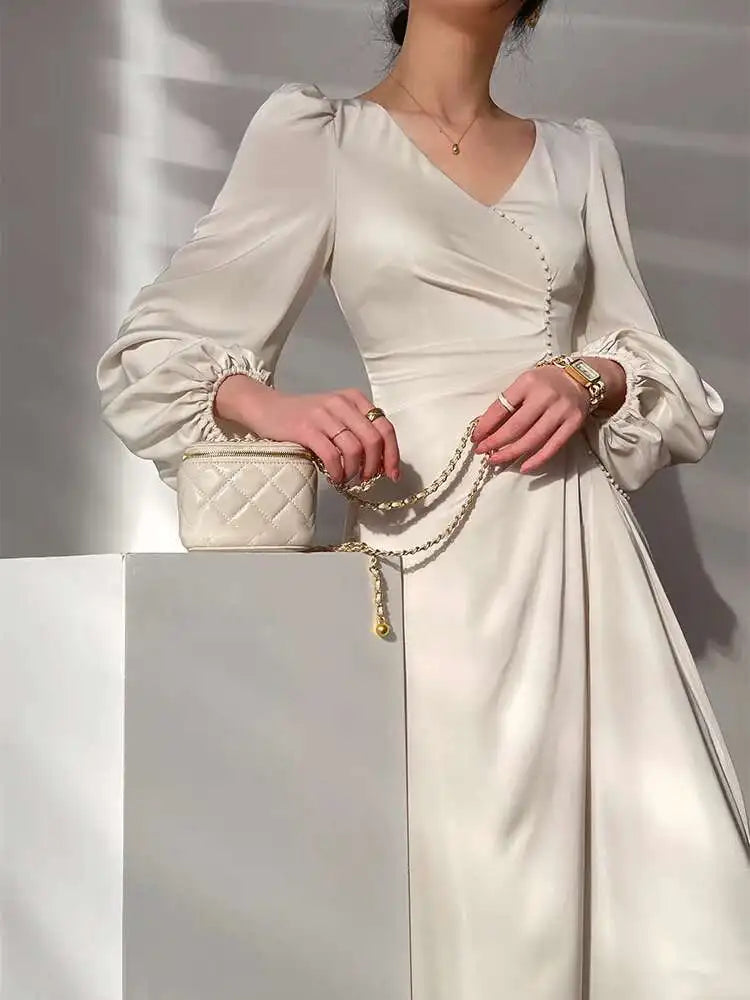 Cream Satin Midi Dress with Pearls