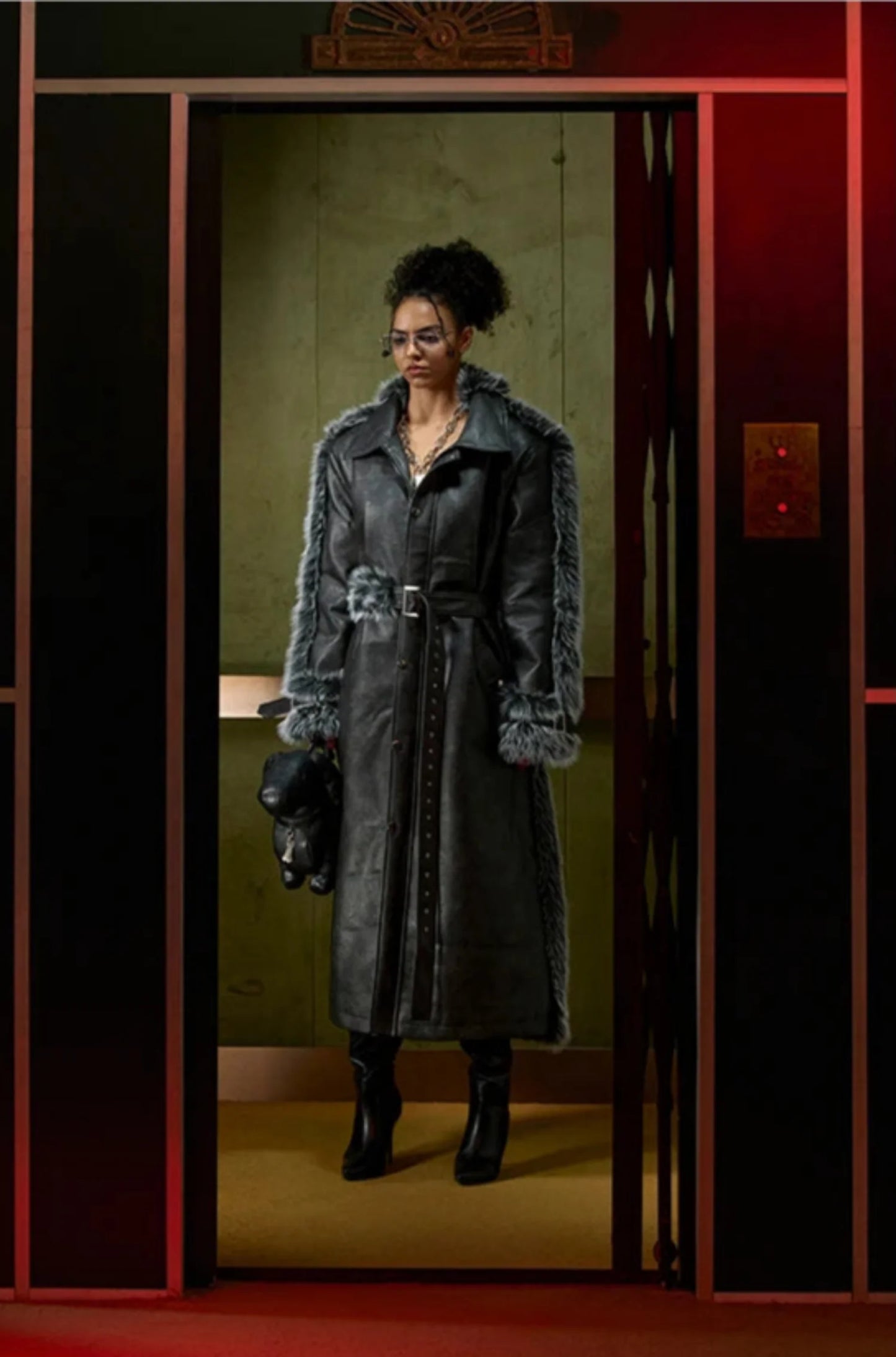 Men's Black Faux Mink Fur & Leather Trench Coat