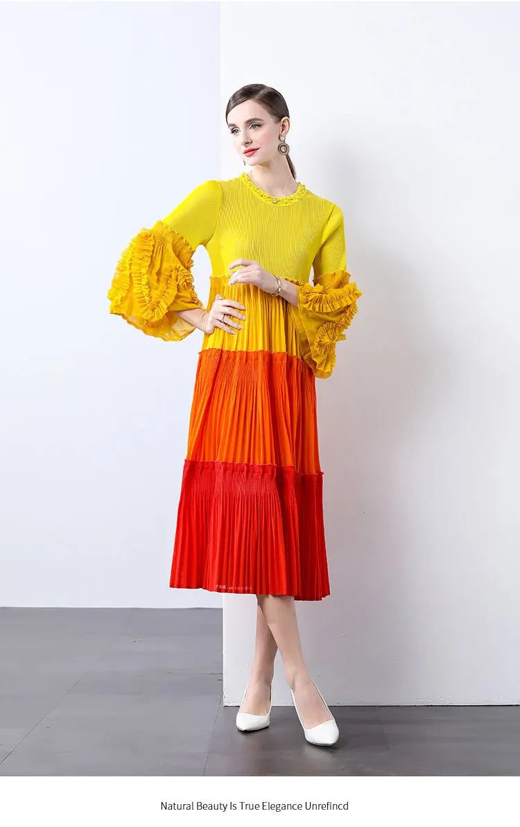 Ombre Pleated Dress - Ruffle Sleeve